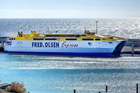 Fast ferry from Fuerteventura to Gran Canaria docked in the harbour of Morro Jable, in the