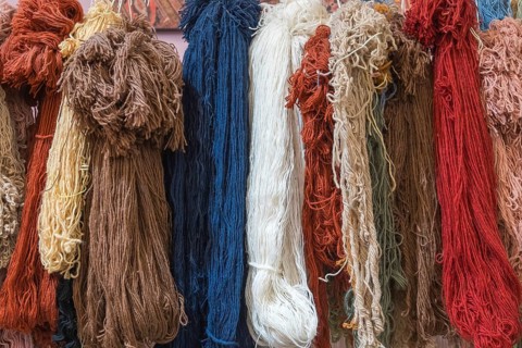 Colourful carpet yarns in a carpet factory, Turkey, Asia