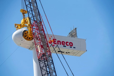 Wind farm under construction, on the Maasvlakte, the harbour of Rotterdam, over 20 wind turbines
