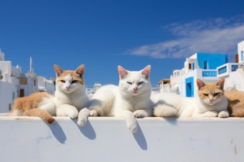 Stray cats relaxing in sun on white buildings with blue sky. KI generiert, generiert KI generiert,