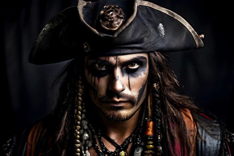 Portrait of a man artistically adorned with a halloween pirate costume and face makeup, AI