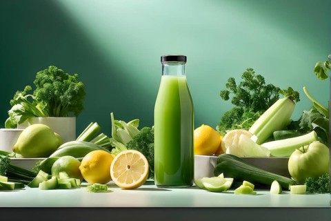 Bottle of vibrant green detox juice surrounded by green fruit and vegetables, AI generated