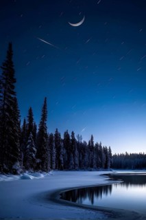 Tranquil winter night scene with a crescent moon and stars shining brightly over a frozen lake,