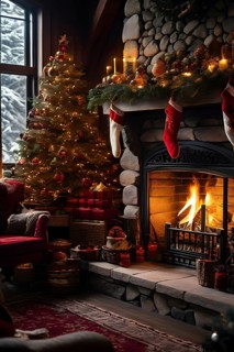 Traditional stone fireplace decorated for Christmas, with garlands, stockings, and candles, set in