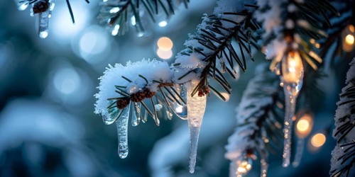 Detailed shot of frosted pine branches with twinkling fairy lights and icicles hanging, creating a