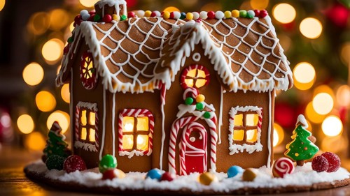 Gingerbread house decorations, focusing on the intricate icing details, colorful candy, and soft,
