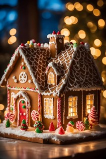 Gingerbread house decorations, focusing on the intricate icing details, colorful candy, and soft,