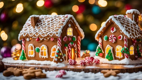 Gingerbread house decorations, focusing on the intricate icing details, colorful candy, and soft,