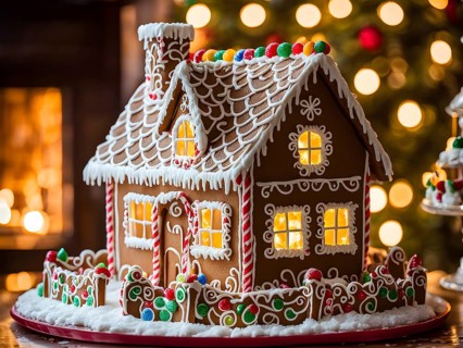 Gingerbread house decorations, focusing on the intricate icing details, colorful candy, and soft,