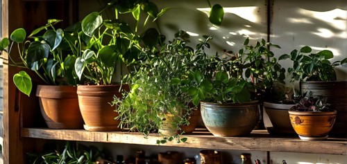 A sunlit kitchen corner, with a rustic wooden shelf holding neatly arranged ceramic bowls and a