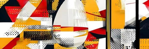 Illustration of an abstract Easter egg design with geometric patterns, bold colors, and a mix of