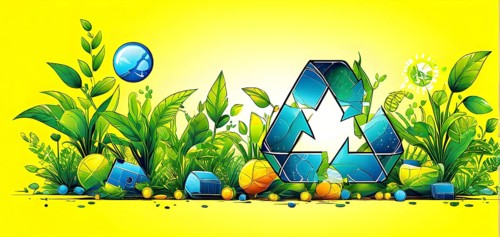 Recycling symbol morphing into growing plants and solar cells to symbolize the transformation of