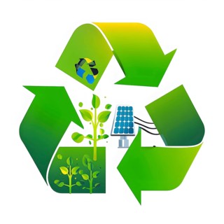 Recycling symbol morphing into growing plants and solar cells to symbolize the transformation of