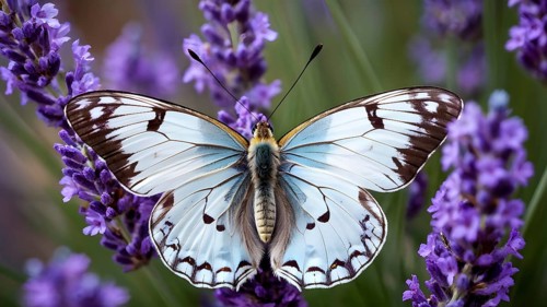 Butterfly resting on a blooming lavender plant, with its delicate wings fully spread and fine
