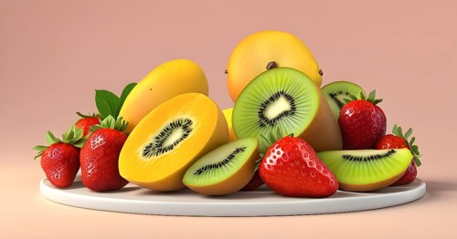 Colorful and artfully arranged slices of fruits like mangoes, strawberries, and kiwi, AI generated