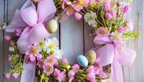 Spring wreath with pastel ribbons, speckled eggs, and blooming flowers, hanging on a wooden