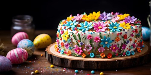 Decorated Easter cake with intricate icing flowers and colorful sprinkles, placed on a rustic