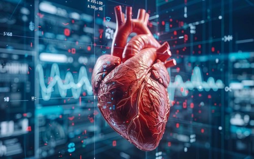 Concept of technology and innovation in health and heart research. Heart health monitoring, AI