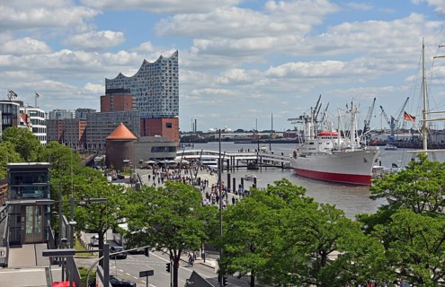 Europe, Germany, Hanseatic City of Hamburg, St. Pauli Landungsbrücken, Elbphilharmonie, museum ship