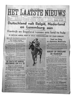 11 May 1940 Flemish newspaper Het Laatste Nieuws announcing Germany invading Belgium, the