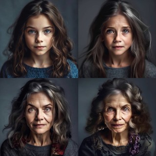 Age progression of a pretty young girl through her older years of life, generative AI, AI generated