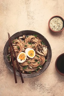 Buckwheat noodles, soba, with shimeji mushrooms, boiled egg, green onion, homemade, no people