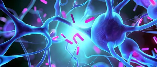Visualization of neurons firing neurotransmitters in the synaptic gap, AI generated