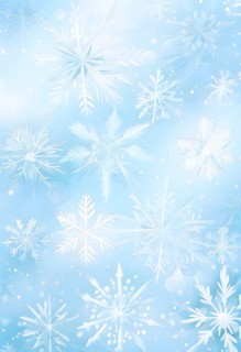 Abstract pattern of snowflakes in varying sizes and shapes in soft white and blue gradients, AI