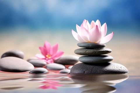 Meditation stacking stones and pink lutos flower in water. KI generiert, generiert, AI generated