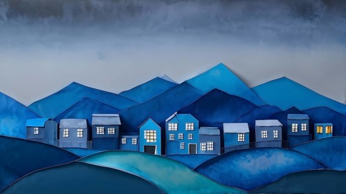 AI generated watercolor landscape featuring blue paper houses contrasting a dark grey background