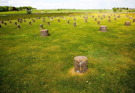 Concrete marker posts identify the position of wooden posts at Neolithic Woodhenge site at