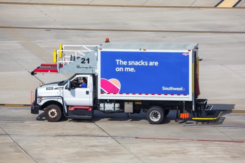 A catering truck with Southwest Airlines aircraft food at Dallas Airport, USA, North America