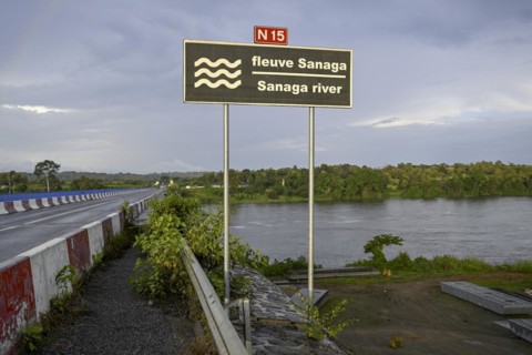 Sign on the Sanaga River, near Batchenga, Centre Region, Cameroon, Africa