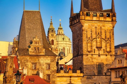 Lesser Town Bridge Tower in the early morning, Charles Bridge in Prague, Czech Republic, Europe