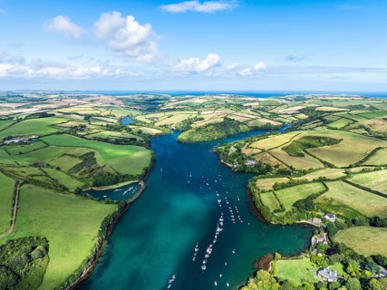 Salcombe and Mill Bay over Kingsbridge Estuary from a drone, Batson Creek, Southpool Creek, Devon,
