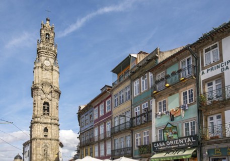 Clérigos Church Tower and facades of surrounding houses, Porto, Portugal, Europe