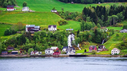 Mountains and Fjord over Norwegian Village, Olden, Innvikfjorden, Norway, Europe