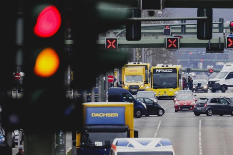 A BVG bus travels along Heerstraße in Berlin, 27 February 2024. Berliner Verkehrsbetriebe (BVG)