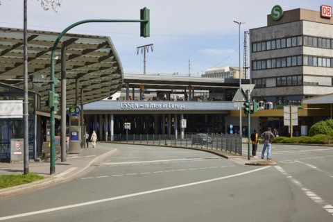 Bus station with Essen lettering, in the centre of Europe and back of the main railway station in