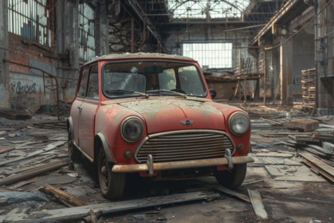 An old, weathered and dusty British vintage car, wreck, of the Mini Cooper type from the 1960s