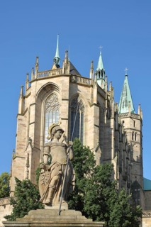 Minerva fountain with sculpture and lance and Gothic UNESCO cathedral, Minerva, Roman goddess,
