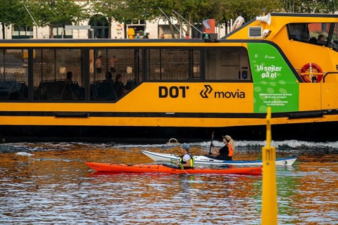 Harbour bus, liner in Copenhagen harbour, public transport, kayaks, Sydhavnen, Copenhagen, Denmark,