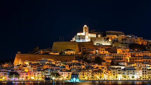 Illuminated fortress and old town, night shot, Eivissa, Ibiza Town, Ibiza, Balearic Islands,