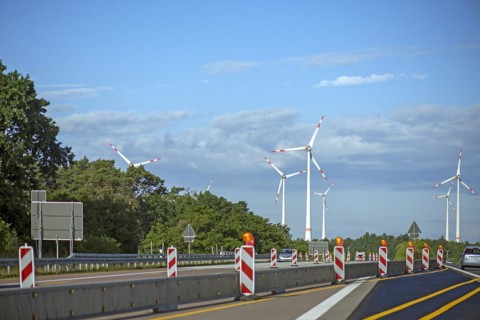 Wind turbines on the A 9 motorway, cloudy sky, Brandenburg, Germany, Europe