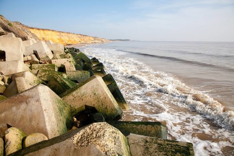 Concrete rectangular blocks protecting soft cliffs coastal defences at Easton Bavents, Southwold,
