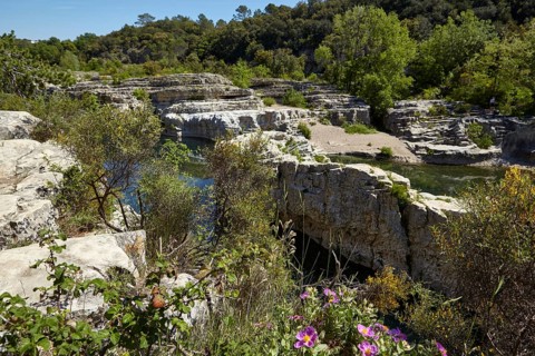 Limestone cliffs with vegetation and the river Cèze near La Roque-sur-Cèze, Département Gard,