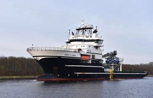 Offshore wind farm supply ship Deep Cygnus in the Kiel Canal, Schleswig-Holstein, Germany, Europe