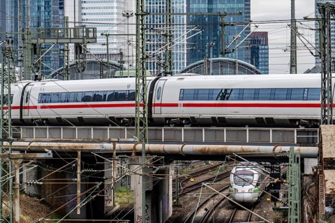 ICE train on the track in front of the main station of Frankfurt am Main, Skyline, Hesse, Germany,