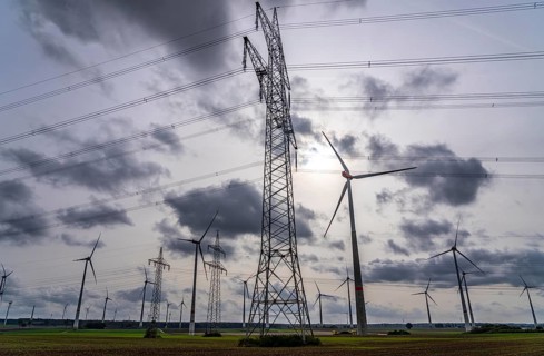 Wind farm, power line, high-voltage pylons, east of Bad Wünnenberg, OWL, North Rhine-Westphalia,