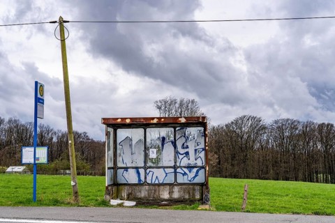 Old, dilapidated bus shelter on a country road, B 483, near Radevormwalde Landwehr, bus route 339,